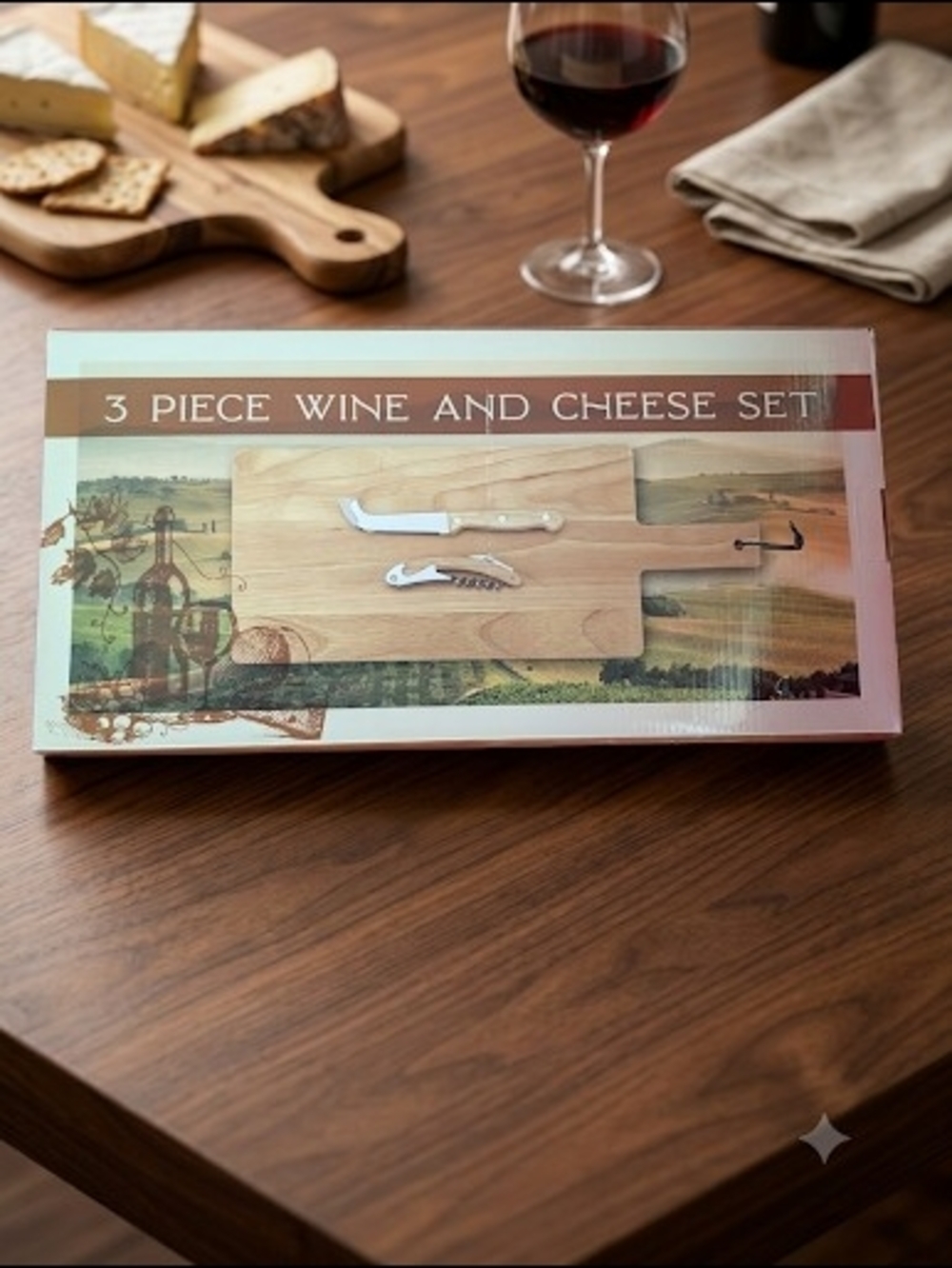 3-Piece Wine and Cheese Serving Set – Wood Board with Tools